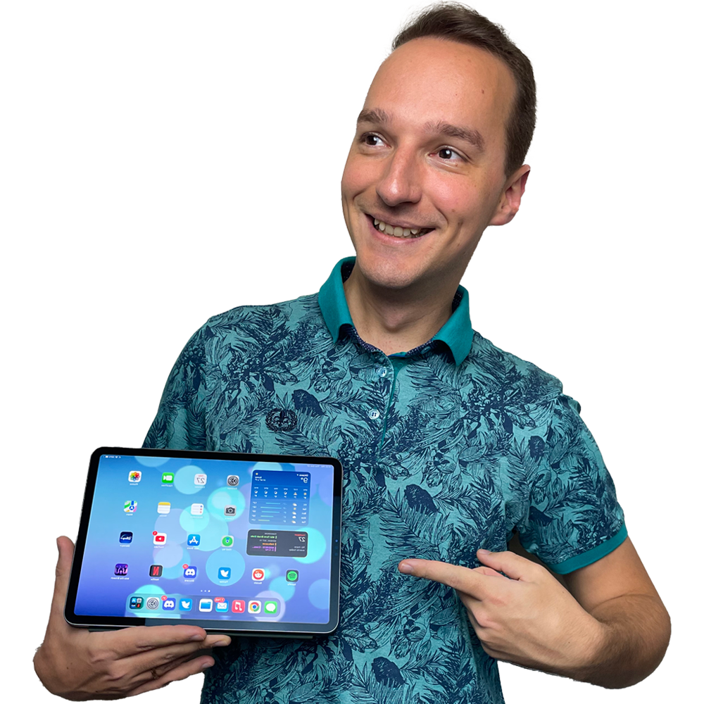 photo of myself smiling while holding a tablet